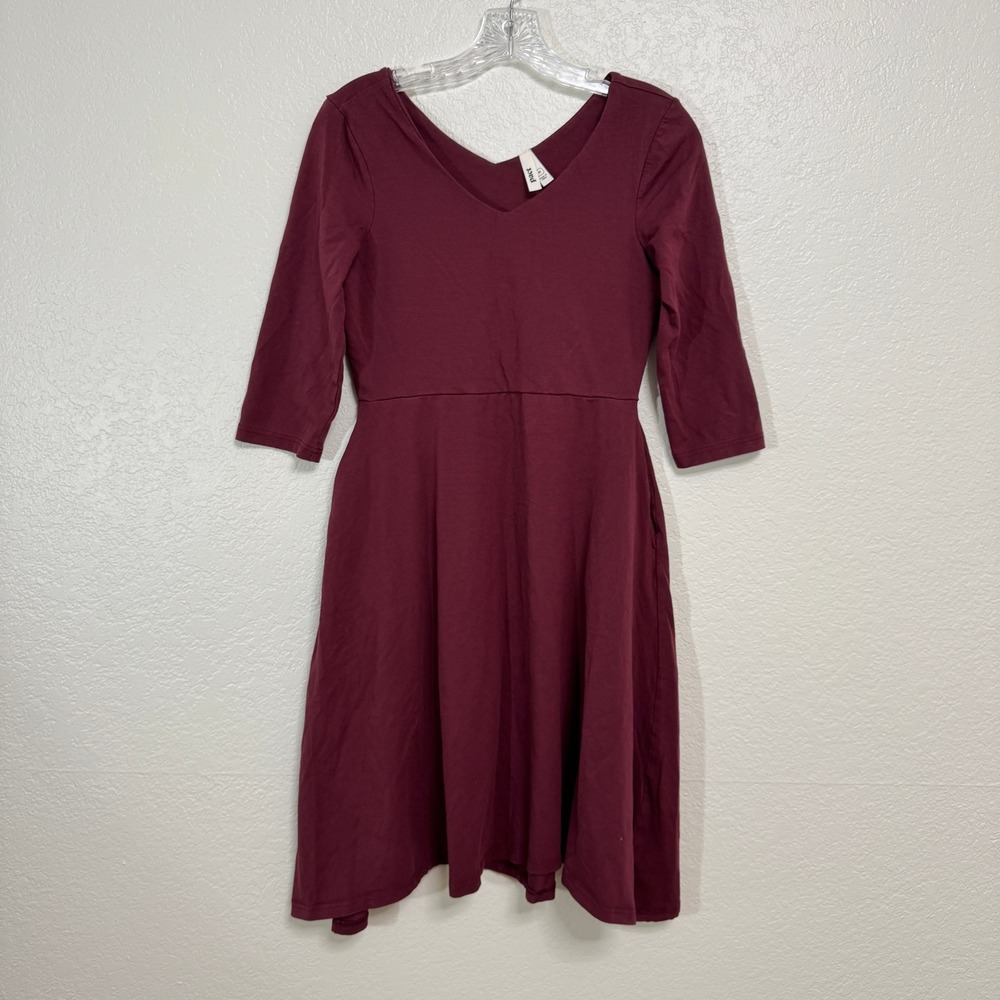 Pact Fit and Flare Dress Womens M Burgundy Organic Cotton 3/4 Sleeve Pockets